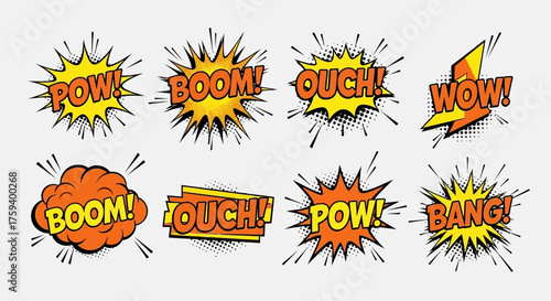 A dynamic set of colorful retro comic book onomatopoeia expressions like Pow and Boom in a vibrant pop art style