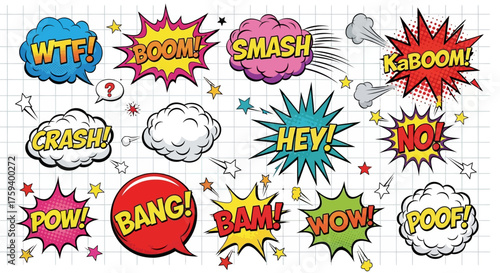 A dynamic collection of colorful comic book sound effects and speech bubbles. Vector illustration set in a retro pop art style with exclamations like Boom and Pow
