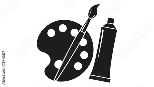 Black and white illustration of an artists palette, paintbrush, and tube of paint isolated on white background