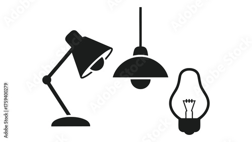 Collection of different types of lamps isolated on white background, including table lamp, pendant lamp, and light bulb