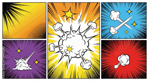 Vector collection of retro comic book graphics featuring pop art explosions, cartoon smoke puffs, and manga action line elements