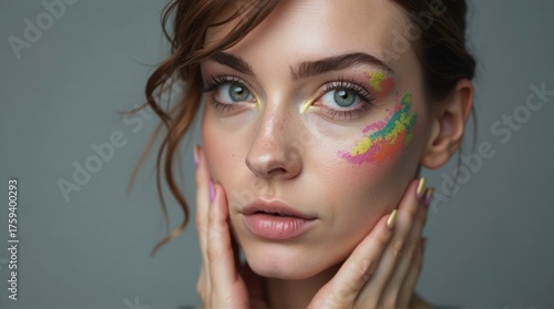 Woman with colorful face paint, hands on cheeks, artistic portrait.