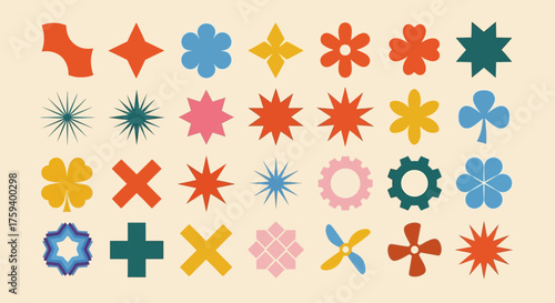 Large collection of trendy retro groovy shapes. Abstract geometric elements, starbursts, and flowers in a vintage 70s style vector set