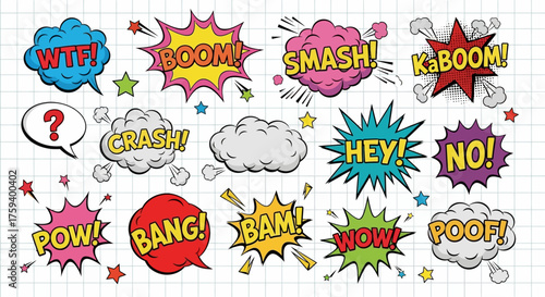 A vibrant collection of comic book speech bubbles and pop art sound effects. Vector illustration set with cartoon onomatopoeia