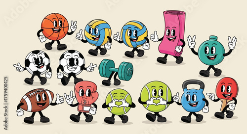 A diverse collection of retro cartoon sports equipment characters with cheerful faces and white gloves