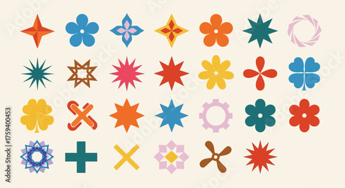 A versatile collection of colorful retro geometric shapes, abstract stars, and stylized floral icons for modern graphic design