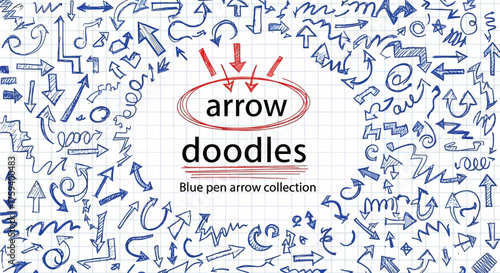 A diverse set of hand-drawn blue arrow doodles on grid paper. Vector collection of sketchy pointers and directional symbols for design (56)