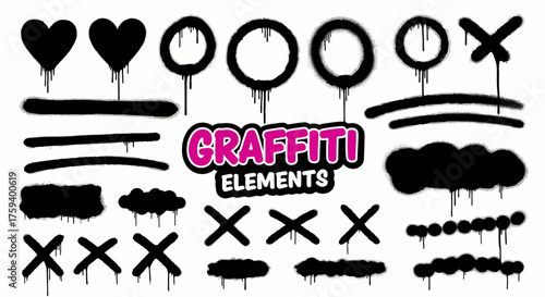 Vector collection of isolated black graffiti spray paint elements. Urban street art graphics with drips, hearts, circles, and lines