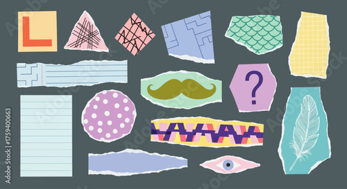 Creative torn paper collage kit with abstract patterns, decorative stickers, and ripped note paper vector elements