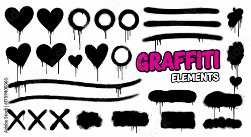Vector collection of various graffiti spray paint shapes with dripping effects. Black hearts, circles, lines, and smudges for urban street art design
