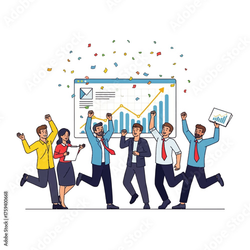 A group of business professionals celebrating a successful presentation in front of a colorful graph and chart display with confetti.