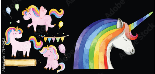 Cute Watercolor Unicorn Illustrations – Pastel Fantasy Horses with Golden Horns and Colorful Manes