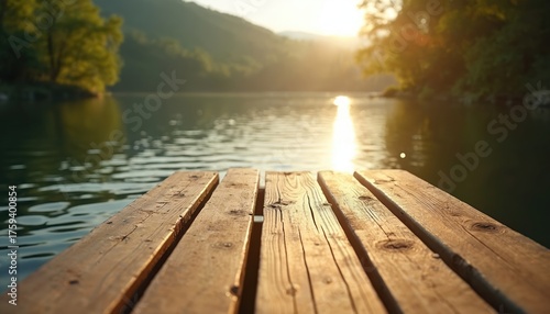 Wooden dock planks jut out onto calm lake waters reflecting bright sun. Green hills and trees form a serene natural backdrop on a clear day.