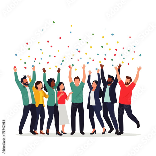 Diverse group of people celebrating with arms raised, surrounded by colorful confetti against a white background, conveying a joyful mood.