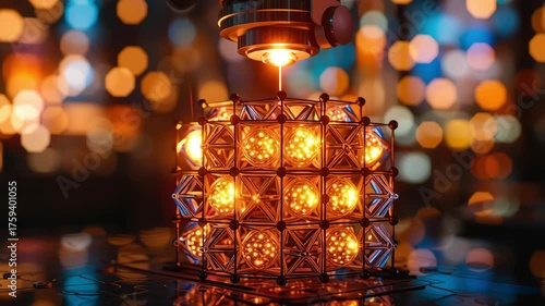 Close Up of Glowing Cube with Intricate Geometric Design, Illuminated by Warm Lights, Creating Captivating and Inviting Atmosphere