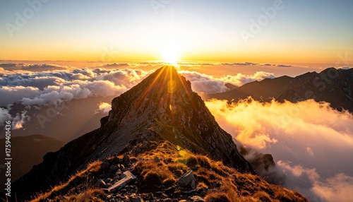 Golden Sunrise Over Rugged Mountain Peaks with Fiery Clouds and Sunburst Rays Illuminating the Landscape