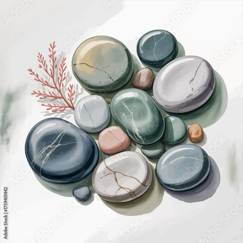 Pile of smooth colorful polished stones with a sprig of dried plant