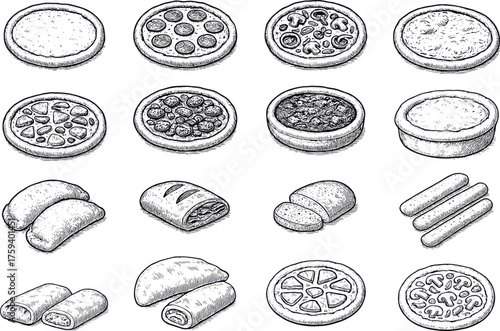 Pizza and pizzeria food collection, hand drawn vector illustration set
