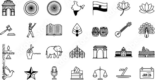 India National Symbols, Culture, and Democracy Icons Collection: Featuring landmarks, animals, musical instruments, and government elements for Indian heritage.