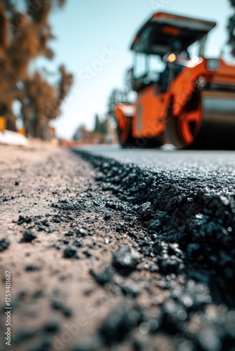 Road repair: close-up of fresh asphalt and road roller at a dynamic low angle