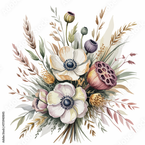 Bohemian watercolor bouquet of white anemones and dried botanicals