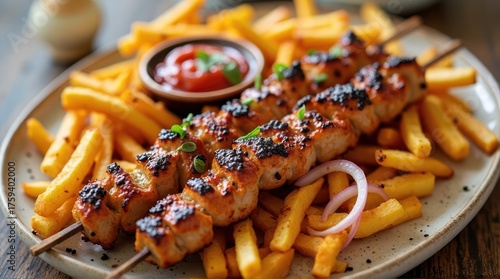 Grilled Chicken Skewers with French Fries and Ketchup on Plate.
