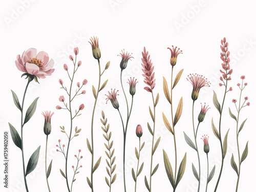 Delicate watercolor wildflowers and grasses in soft pastel colors