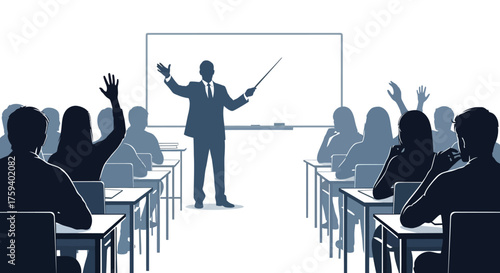 Educational scene a teacher lectures to students, some raise hands to participate