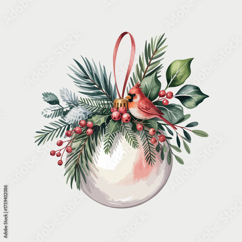 Watercolor christmas ornament with cardinal bird and festive greenery