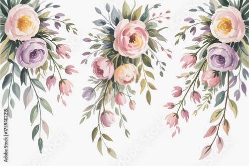 Soft watercolor floral arrangement with roses and greenery