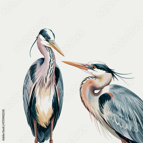 Two great blue herons standing close together against a light background