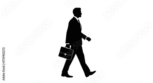 A black silhouette of a businessman walking right, carrying a briefcase, on a pure white background