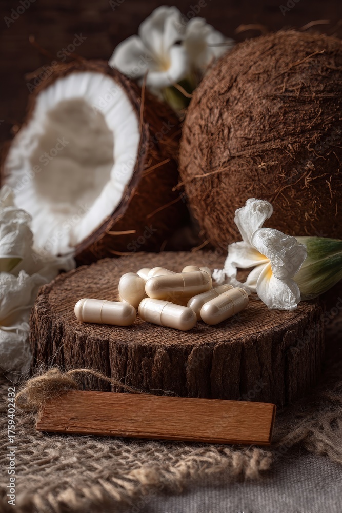 Naklejka premium Capsules and Coconut with Oil or Extract on a Rustic Wooden Background