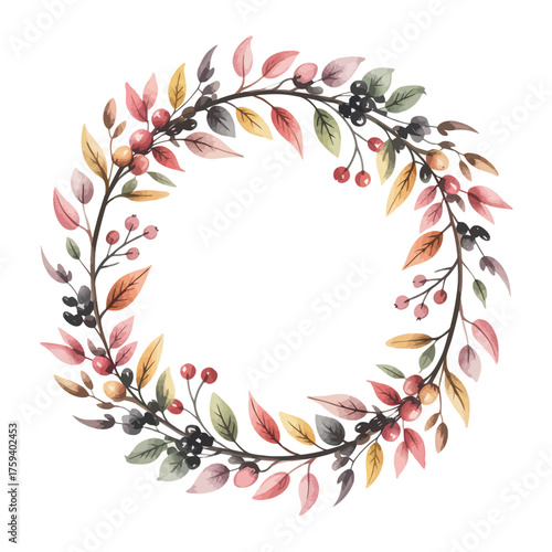 Watercolor autumn wreath with colorful leaves and berries
