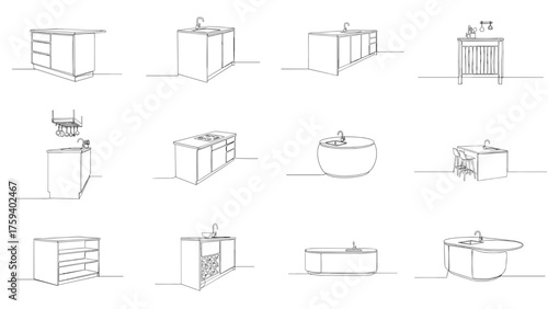 Kitchen island and counter sketches in minimalist black and white style