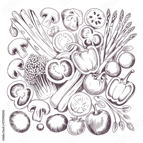 Hand drawn sketch of assorted fresh vegetables in a square arrangement