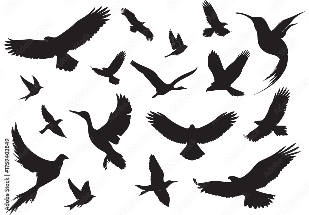 Fototapeta premium Minimalist Silhouette Flying Bird Set Illustration Graphic Element Collection. Ai Generated Images