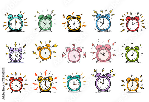 Colorful Handdrawn Various Style Alarm Clock Illustration Set on White Background. Ai Generated Images