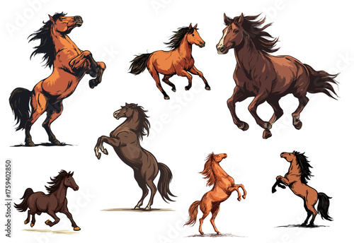 Artistic Handdrawn Group of Wild Horse Breed Animal Illustration. Ai Generated Images
