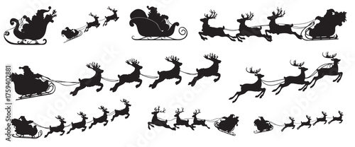 Silhouette Style Santa Claus Sleigh Reindeer Flying Across Sky Christmas Illustration. Ai Generated Images