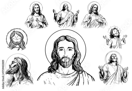 Hand Drawn Line Art Jesus Christ Religious Spiritual Portrait Collection. Ai Generated Images