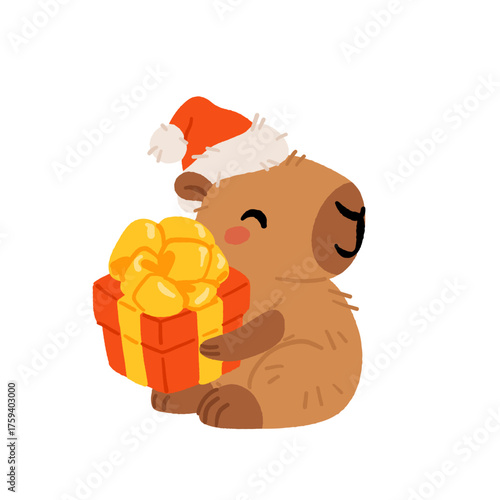 Collection of winter cute capybaras with New Years wreath, gift, bathing in hot water and in Christmas bow and hat. Vector illustration. Isolated kawaii animal character