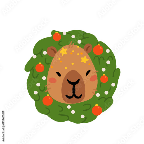Collection of winter cute capybaras with New Years wreath, gift, bathing in hot water and in Christmas bow and hat. Vector illustration. Isolated kawaii animal character
