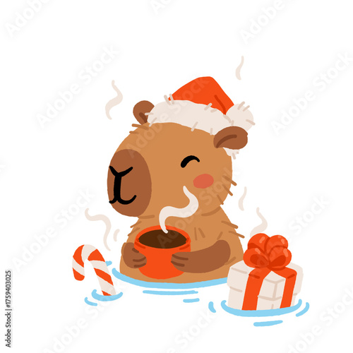 Collection of winter cute capybaras with New Years wreath, gift, bathing in hot water and in Christmas bow and hat. Vector illustration. Isolated kawaii animal character