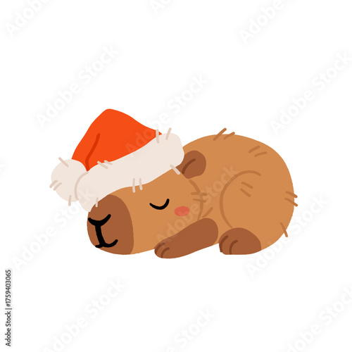 Collection of winter cute capybaras with New Years wreath, gift, bathing in hot water and in Christmas bow and hat. Vector illustration. Isolated kawaii animal character