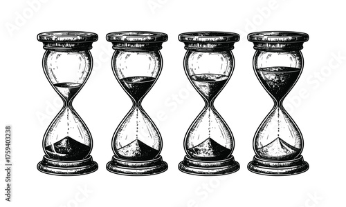 Four vintage hourglasses time progression stages shown, illustrating sand movement and the passage of time in classic black and white sketch style.