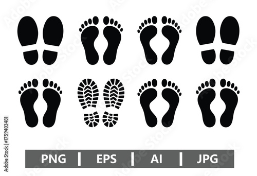 Vector art of footprint silhouettes, representing various types of shoe prints
