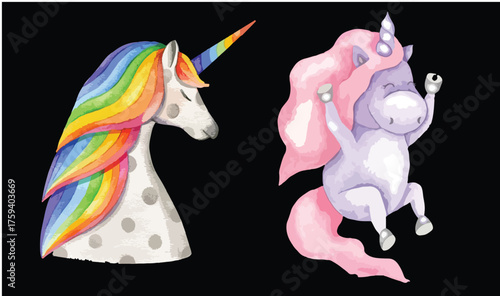 Cute Watercolor Unicorn Illustrations – Pastel Fantasy Horses with Golden Horns and Colorful Manes