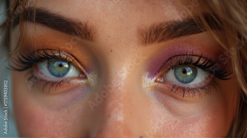 Close-up of Beautiful Eyes with Makeup and Long Eyelashes.