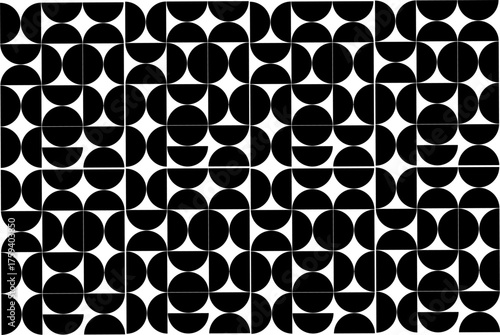 Seamless black and white geometric pattern with modern retro style. Minimal abstract background featuring circular and semicircle shapes in symmetry.

